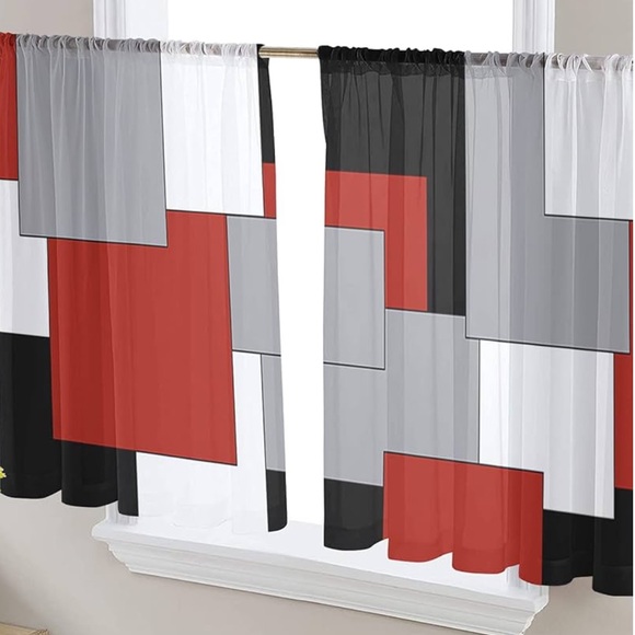 NWOT Sheer Curtains Size 52X63X2” Black Gray Red 2 Panel Drapes - Picture 8 of 8